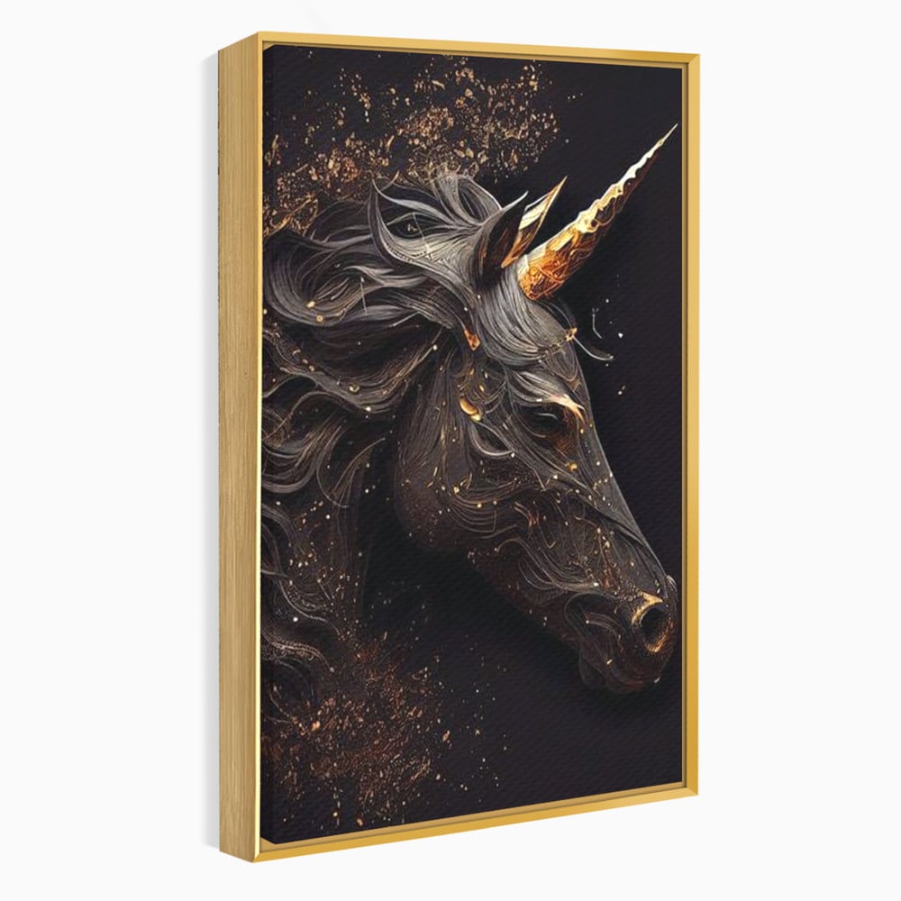 Tablou canvas cu portret de unicorn negru cu detalii aurii, in rama de aluminiu auriu